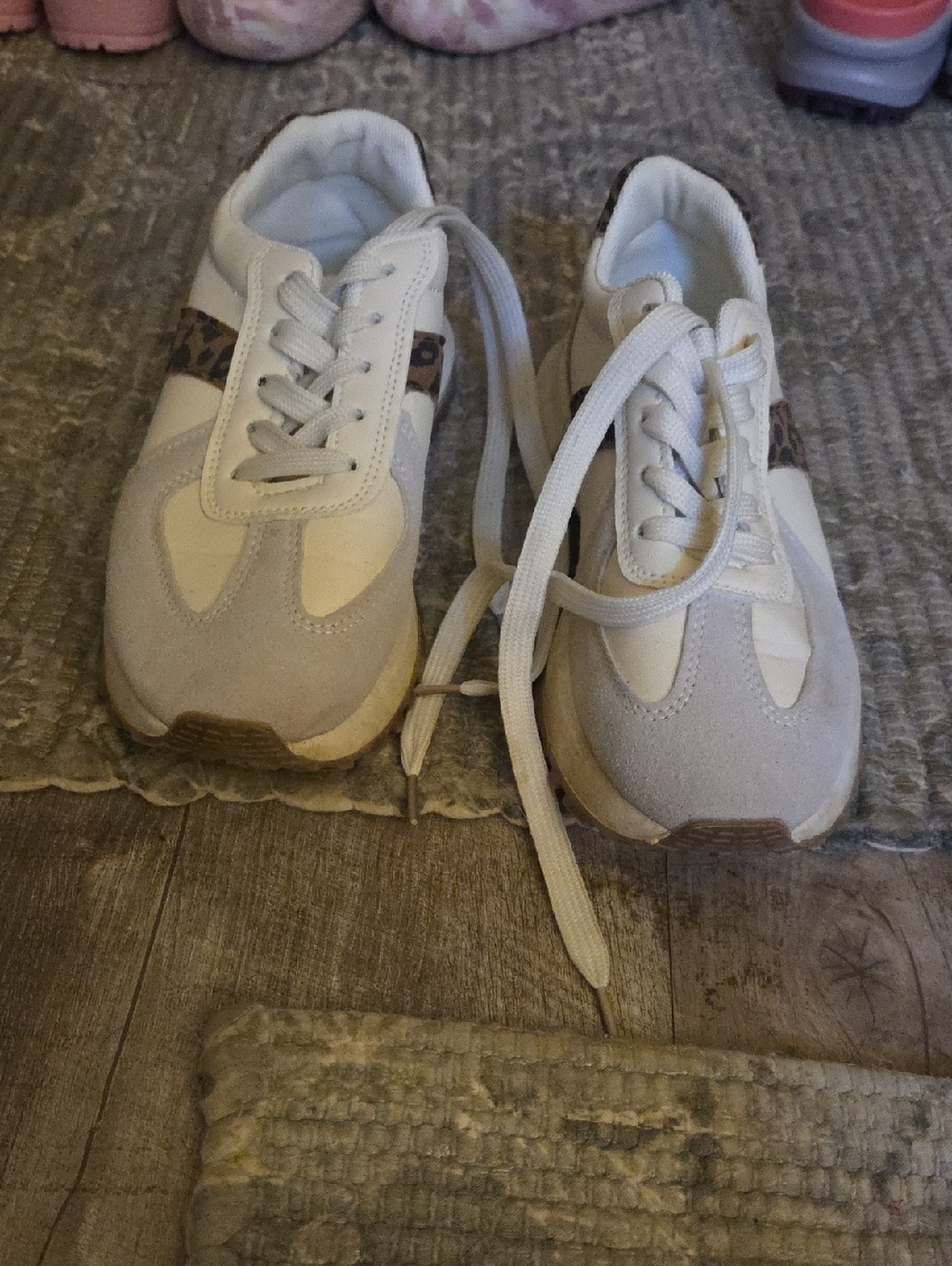 White and Beige Leopard Accent Sneakers